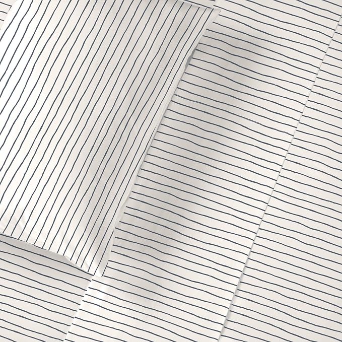 MakeMake Organics Organic Sheets (4 Piece) GOTS Certified Organic Cotton Queen Sheets Set Dreamy Soft Fitted Sheet Flat Sheet 2 Pillow Cases Kids Room (Queen, Blue Stripes)