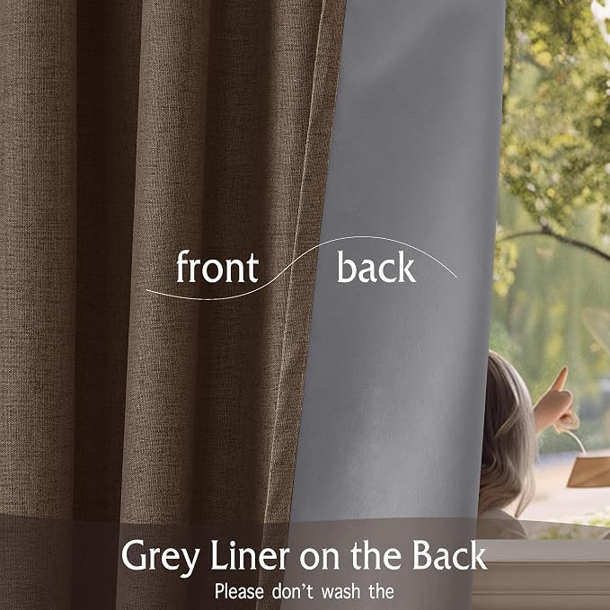 RYB HOME Brown 100% Blackout Linen Curtains 72 inch Long, Thermal Insulated & Privacy Assurd Drapes for Bedroom/Office/Nursery, Rod Pocket & Back Tab Window Treatment, W52 X L72, 2 Panels