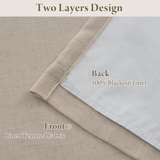RYB HOME Natural Pinch Pleated Linen Curtains, 100% Blackout Thermal Insulated Double Layer Textured Curtains for Sliding Glass Door Picture Window, Taupe, 40" W x L90 L, 2 Panels Set