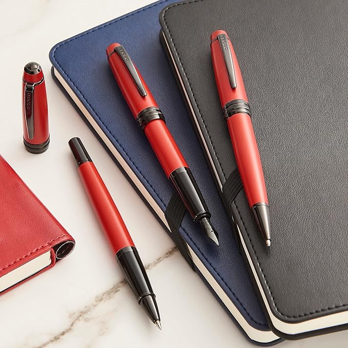 Cross Bailey Matte Black Lacquer Stainless Steel Medium Nib Fountain Pen - Professional Fountain Pen for Effortless Writing - Refillable - Black Ink - Gift-Ready