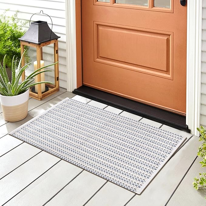 Cotton Chalk Stripe Woven Area Rug 2x3 Feet - Blue, Farmhouse Soft & Durable Decorative Washable Floor Rugs Ideal for Entryway, Bedroom, Kitchen | Geomatric Pattern Nersery Space Reversible Door Mats
