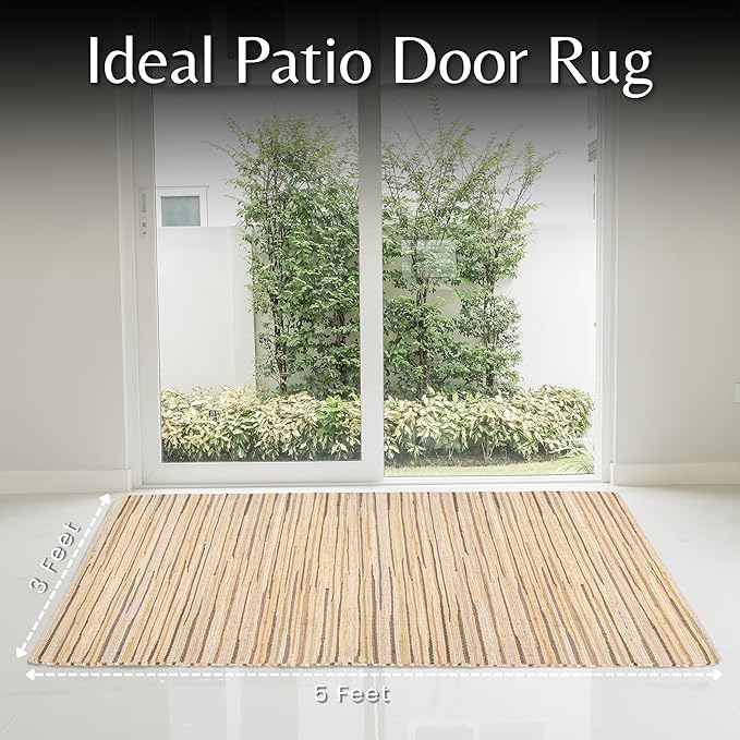 Ramanta Home 100% Cotton Hand Woven Tonal Chindi Rag Rug 3'x5' - Beige, Recycled Reversible Rug, Boho Rustic Farmhouse Rugs for Living Room, Dinning Room, Kitchen Floor Mats - 36"x60"