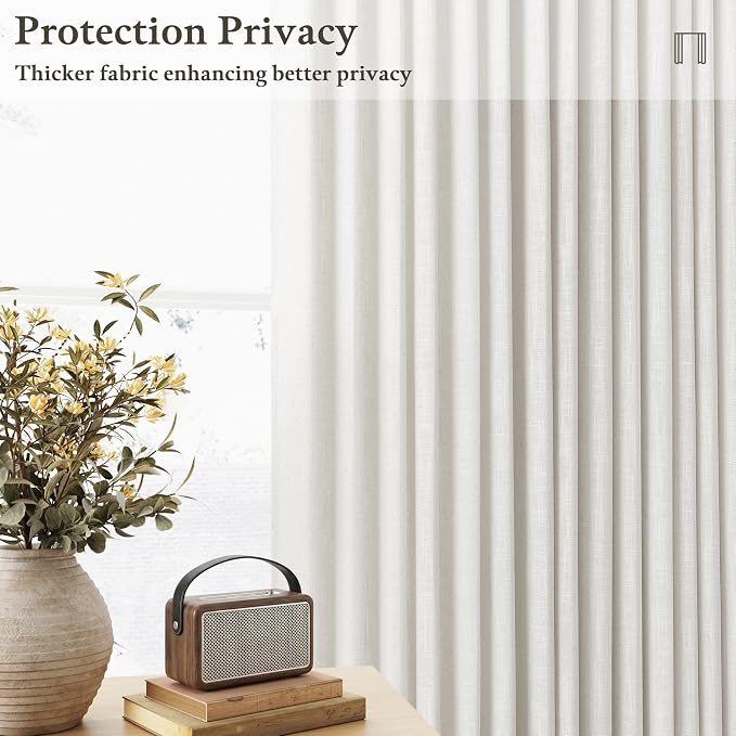 92 Inch Pinch Pleated Beige White Semi Sheer Curtains Light Filtering Neutral Boho Farmhouse Linen Curtains Rings Hooks for Living Room Bedroom Office Ivory Window Drapes 92 Inch Length 2 Panels Set
