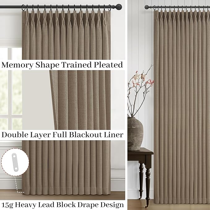 Natural Linen 70 Inch Extra Wide Blackout Large Curtains 108 Inches Long for Dining Room, Memory Shape Pleated Insulated Noise Cancelling Double Layer Decorative Windows Drapes 2 Panels Set 9FT Length