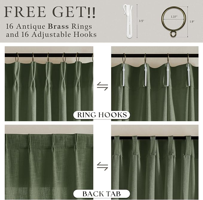 Olive Green Linen Pinch Pleated Curtains 108 Inches Long 2 Panels for Living Room Bedroom Light Filtering Linen Drapes 108 Inch Length Loden Semi Sheer Memory Shape Trained Ceiling Floor Curtain 9Ft