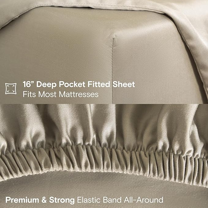 DOZ Sheet Set, 100% Viscose derived from Bamboo, Organically Grown, Buttery Soft, Cooling Sheets, High GSM, Deep Pockets - 4 Piece - 2 Pillowcases 1 Fitted Sheet 1 Top Sheet (Fog, Queen)