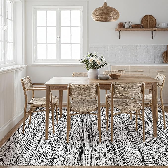 Tortania Area Rug Living Room Rugs - 8x11 Washable Large Soft Neutral Boho Moroccan Bohemian Farmhouse Rug Indoor Floor Carpet for Bedroom Under Dining Table Home Office Decor - Black White