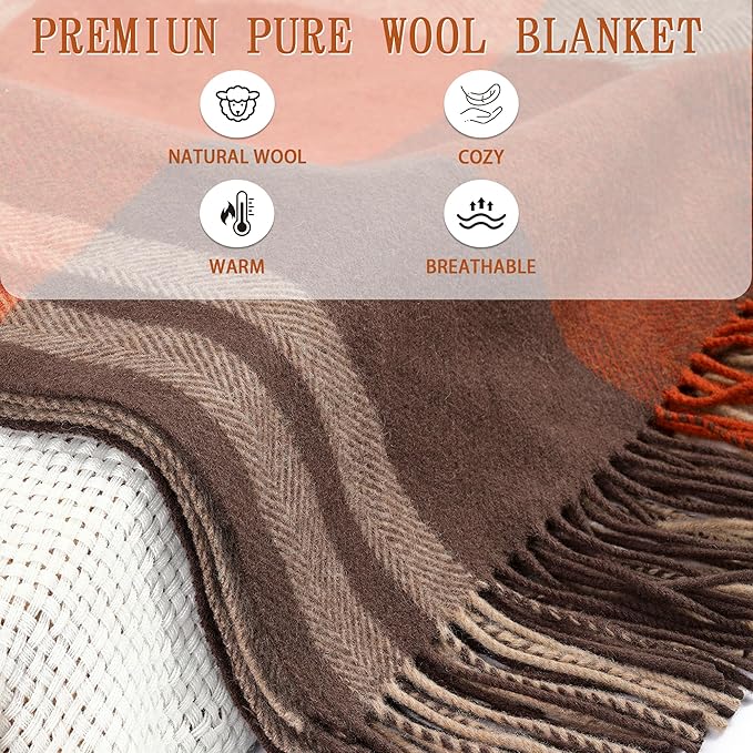 Soft Pure Wool Throw Blanket, Lightweight Warmth, 55"x83", Plaid, Fringe, Compact with Bag, Useful Gift for Women Men, All Season Decorative Cozy Travel Blanket for Couch Bed, Outdoors