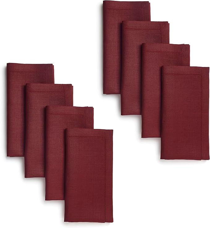 Signature Linen™ by D'Moksha Red Garnet Dinner Napkins Set of 8, 20 x 20 Inch Cloth Napkins, 100% Pure Linen, Hemstitch, Machine Washable Table Napkins- Summer, Father's Day