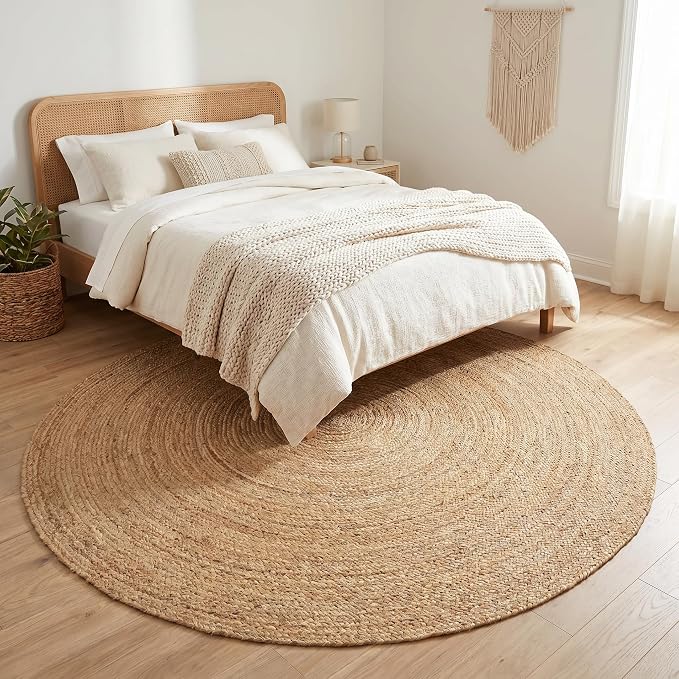 THE BEER VALLEY Jute Braided Area Rug 8 Feet Round - Natural | Reversible Handwoven Circle Rug for Living Room, Bedroom, Nursery - Large Farmhouse Indoor Décor Floor Mat