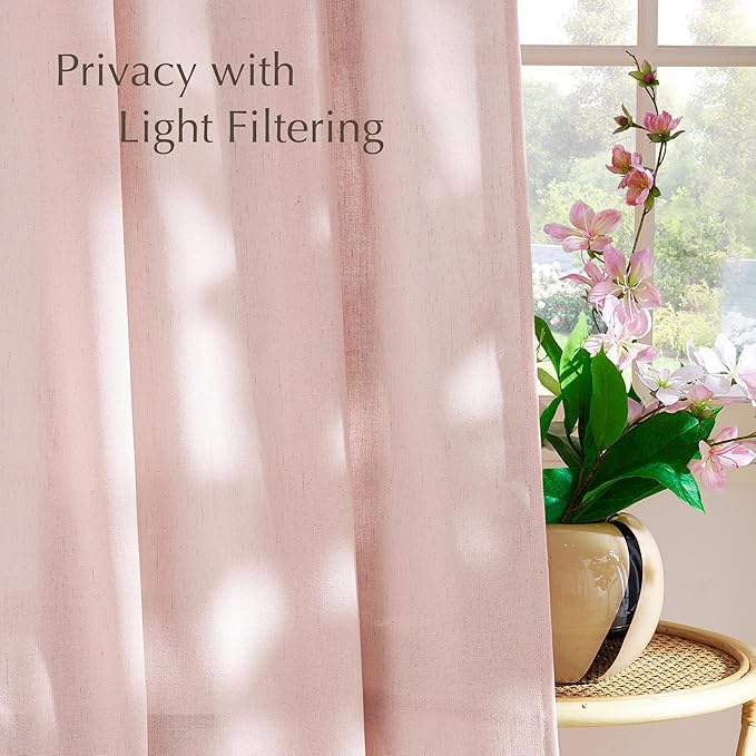 NICETOWN Linen Light Pink Sheer Curtains for Girls Room, Rod Pocket & Back Tab Thick Flax Linen Weave Privacy Assured with Light Filtering Window Drapes for Bedroom, W55 x L96, 2 Panels