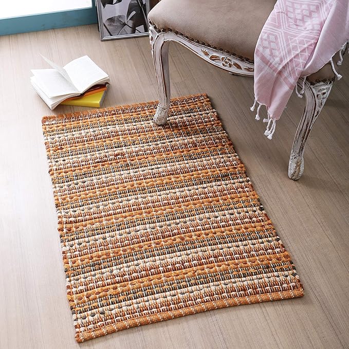 Cotton Hand Made Area Rug 2x3 Feet - Mustard, Reversible Farmhouse Woven Throw Indoor Floor Carpet Ideal for Entryway, Kitchen, Bedroom | Decorative Doorway Patio Décor Mat for Furniture Space