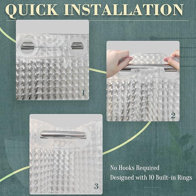 No Hook Shower Curtain or Liner - 8G Heavy Duty Grid Bathroom Shower Curtain No Hooks Required, Waterproof Plastic & PVC Free, Standard Size 71 x 74, Square