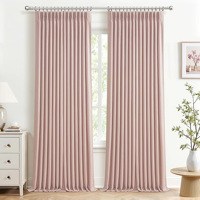 Elegant Blush Pink High Blackout High Ceiling Curtains 102 Inches Long for Sliding Glass Doors, Memory Trained Pinch Pleat Dual Layer Thick Linen Thermal Sound Dampening Modern Window Drapes 2 Panels