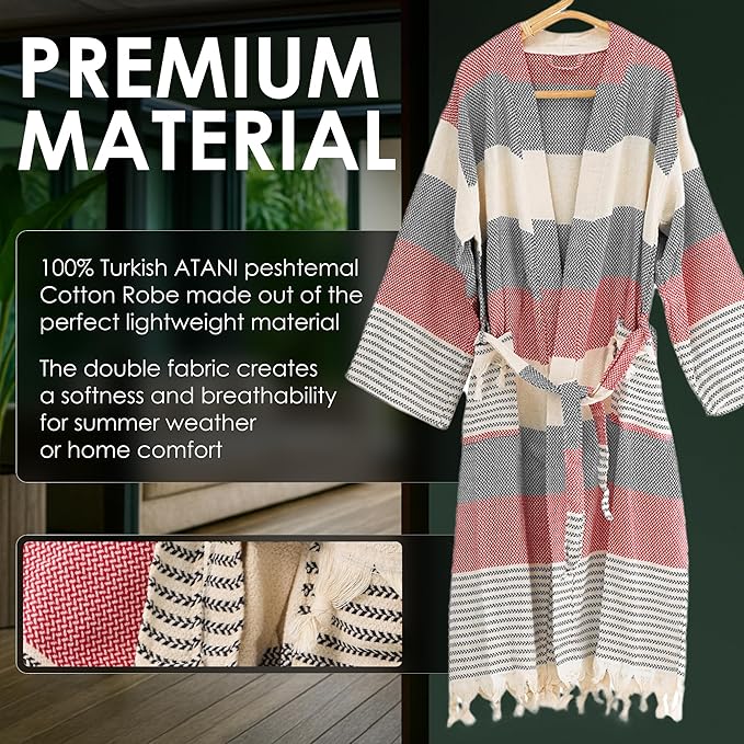 ATANI 100% Turkish Cotton Bathrobe S-XXL for Women & Men – Peshtemal Style Soft Cozy Lounge Robe, Absorbent & Lightweight