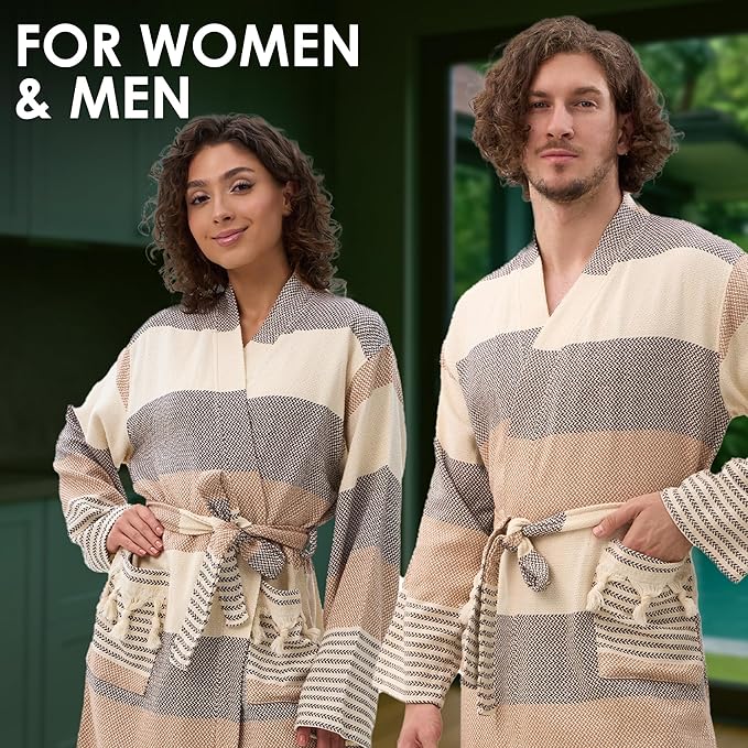 ATANI 100% Turkish Cotton Bathrobe S-XXL for Women & Men – Peshtemal Style Soft Cozy Lounge Robe, Absorbent & Lightweight