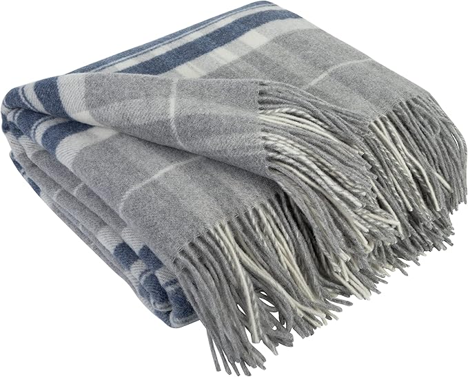 LYHome Cashmere Blanket with Merino - Luxury Wool Throw Soft Cozy and Warm, Decorative Throws Couch Bed Sofa, Warmest Blankets for Travel Camping & Cold Weather 55x79 | Grey - Dark Blue - White Tartan