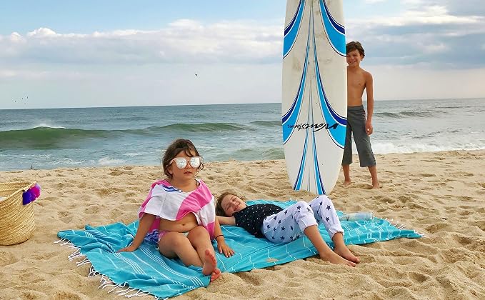 Bersuse Towels Anatolia XL Beach Blanket Throw Blanket Turkish Towel 100% Cotton Extra-Large Quick-Dry Lightweight Premium Peshtemal Towel - 61x82 Inches, Aqua (Set of 3)