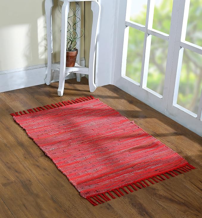 Cotton Rag Rug 24x36'' | 2x3' Multicolor Area Rug - Hand Woven, Washable & Reversible with Tassels - Perfect for Living Room, Kitchen, Entryway, or Bedroom (Burgundy Multi)