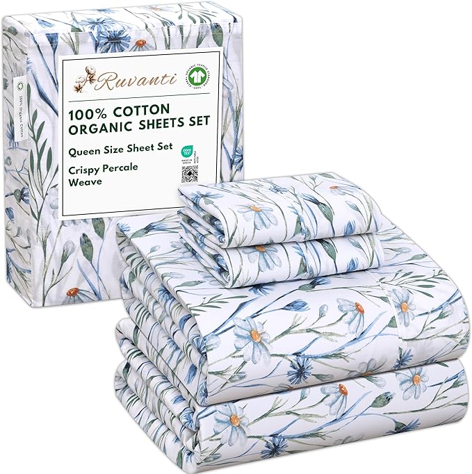 RUVANTI 100% Cotton Organic Percale Sheets Queen Size – Crisp Cooling Bed Sheets for Hot Sleepers, Deep Pocket 15”, Soft Peach Finish, Breathable & Durable Hotel-Style 4 Pcs, Daisy Bud