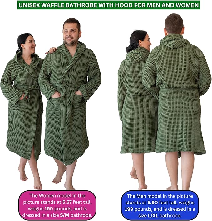 Unisex Hooded Waffle Robe for Women & Men 100% Turkish Cotton | Quick-Dry Bathrobe | Cozy Housecoat for Lounging
