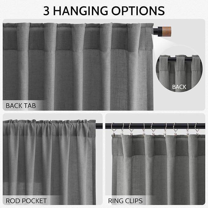 Blazer Grey Linen Curtains 72 Inch Long for Living Room Bedroom Lightweight Door Drapes 2 Panels Set, Semi Sheer Light Filtering Back Tab or Rod Pocket Curtain,52x72