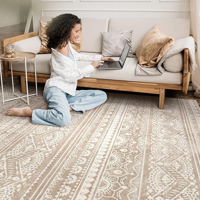 Tortania Area Rug Living Room Rugs - 7x9 Washable Large Soft Neutral Boho Moroccan Bohemian Farmhouse Rug Indoor Floor Carpet for Bedroom Under Dining Table Home Office Decor - Light Brown