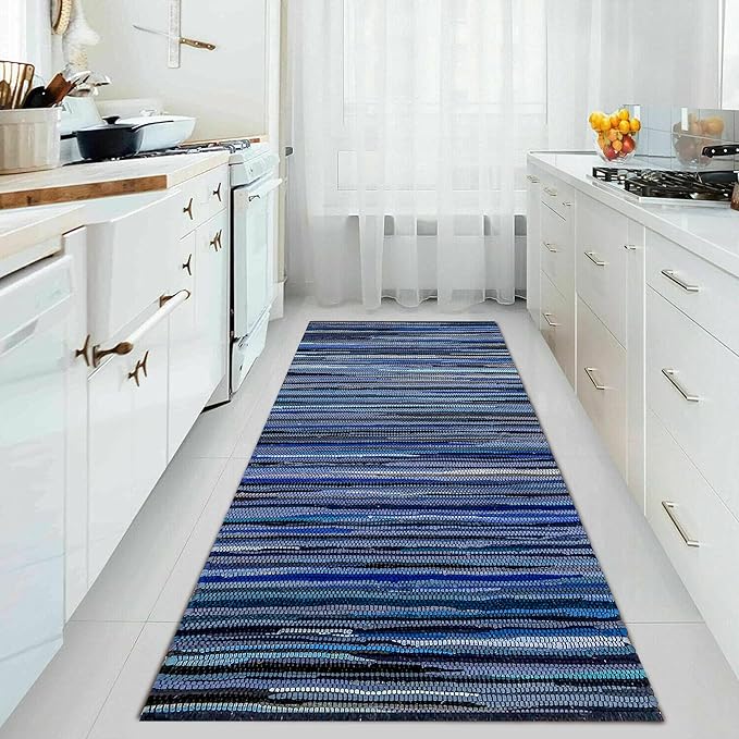 Cotton Hand Woven Chindi Runner Rug 2x6 Feet - Navy, Farmhouse Natural Recycled Rag Floor Rugs Ideal for Hallway, Kitchen, Nursery, Laundry Room | Blue Sturdy Reversible Patio Mat for Living Space