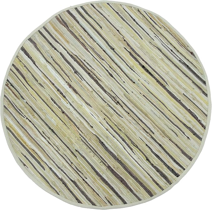 Cotton Hand Woven Chindi Area Rug 4 Feet Round - Beige, Reversible Circle Green Dinning Space Floor Rugs Ideal for Bedroom, Living Room, Kitchen | Linen Farmhouse Recycled Patio Mats for Balcony Décor