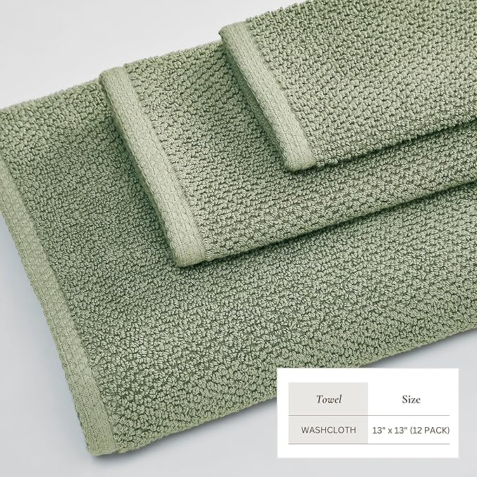 Great Bay Home 100% Cotton 12-Pack 13x13 Wash Cloth - Absorbent, Quick-Drying, Durable Face Towels for Bathroom Decor - Low-Twist, Two-Ply Fibers (Eucalyptus)