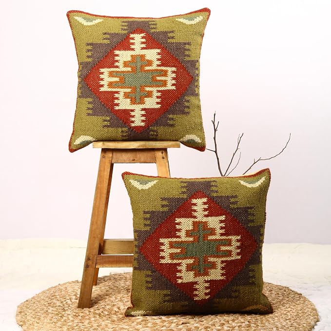Trade Star 70% Jute 30% Wool Handloomed Cushion Cases Set of 2 Throw Pillow Covers Kilim Cushion Covers Handwoven Pillowcase Beautiful Pillow Shams for Home Decor (Kilim 4)