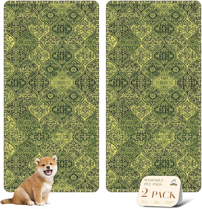 nunubaby Washable Pee Pads for Dogs, Stylish, Non-Slip and Leak-Proof Pee Pads. Reusable Potty Pads for Dogs for Crates and Floors.(Green/Multi,36" x72" )