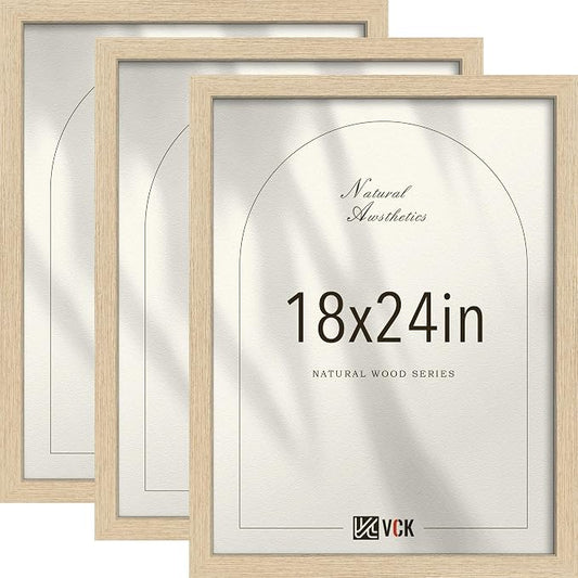 VCK 18x24 Poster Frame 3 Pack - Natural Oak Solid Wood Picture Frames with Exclusive Wood Grain, Wall Hanging