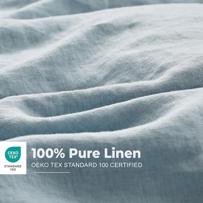 Simple&Opulence 100% Washed Linen Duvet Cover Set with Embroidered,3 Pieces Soft Farmhouse Comforter Set with Button Closure,1 Duvet Cover and 2 Pillowshams(King,Dusty Blue)
