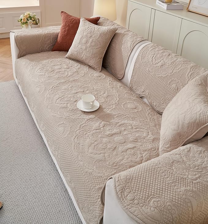 vctops Boho Cotton Quilted Couch Cover Soft Embroidered Sofa Cover Non-Slip Dog Bed Cover Scalloped Sofa Slipcover Washable Furniture Protector Cover (Khaki,28"x82")