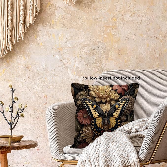 Moody Butterfly Floral Throw Pillow Cover Gifts 18x18, Vintage Dark Cottagecore Academia Decor Pillow Cases for Bedroom Living Room, Cottage Core Decorative Pillowcases for Couch Bed Sofa