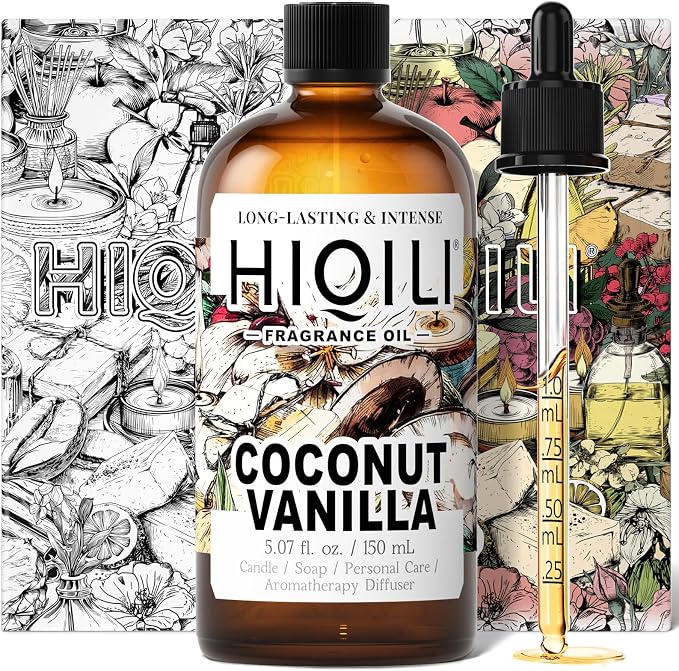 HIQILI Coconut Vanilla Fragrance Oil for Home Diffuser - 5.07 Fl Oz | for Candle & Soap Making Supplies, Essential Oils for Home and Car Humidifier - 150 ML