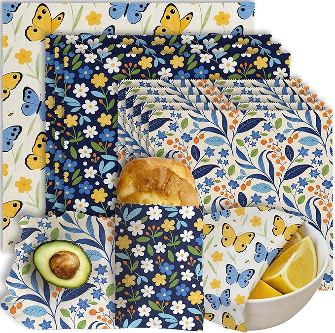 Reusable Beeswax Wrap, 9 Pack Eco-Friendly Beeswax Wraps For Food, Organic, Sustainable, Biodegradable, Zero Waste, Plastic-Free Food Storage, 1XL, 3M, 5S (Butterfly, Floral & Leaves)