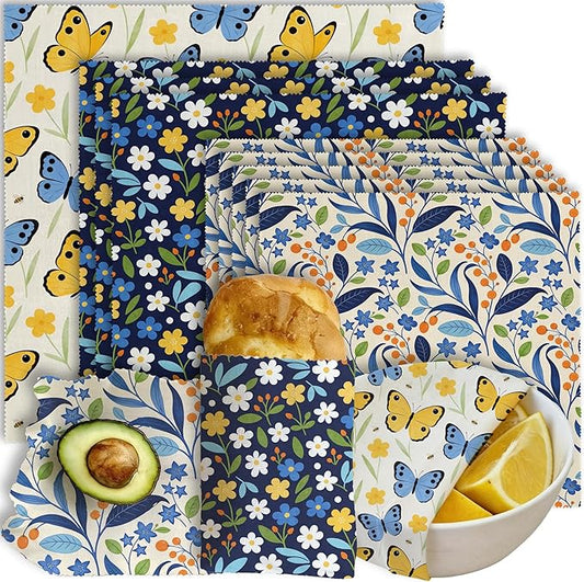 Reusable Beeswax Wrap, 9 Pack Eco-Friendly Beeswax Wraps For Food, Organic, Sustainable, Biodegradable, Zero Waste, Plastic-Free Food Storage, 1XL, 3M, 5S (Butterfly, Floral & Leaves)