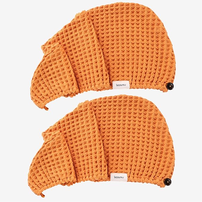 Luxury Organic Japanese Cotton Hair Drying Waffle Towel Wrap for Women | Absorbent, Quick-Dry Head Turban for Shower, Sauna, Spa | Extra Large for Long, Curly, Straight Hair With Button (Orange, 2 Pc)