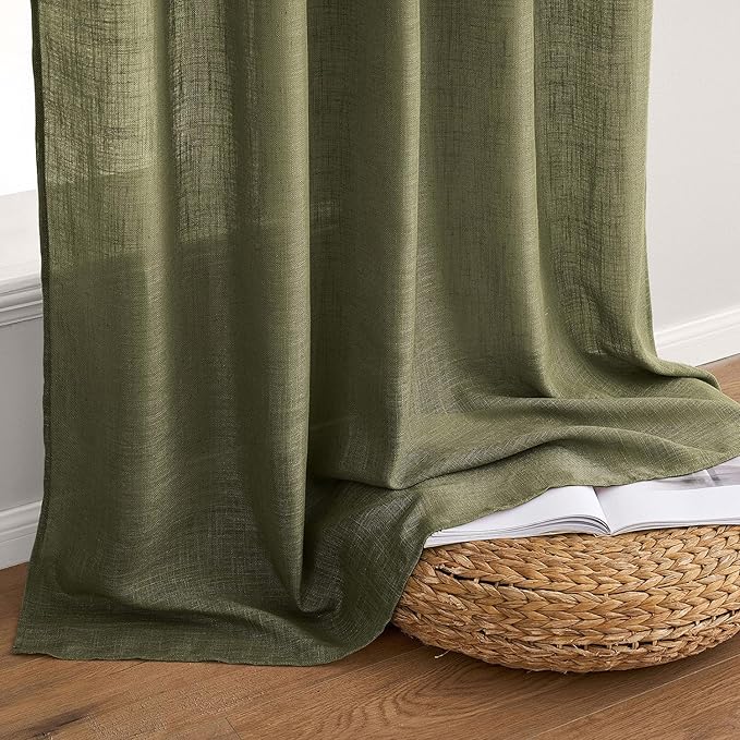 MIULEE Light Olive Green Linen Curtains 72 Inch Length 2 Panels for Bedroom Living Room, Soft Linen Textured Natural Window Drapes Semi Sheer Light Filtering Back Tab Rod Pocket Burlap Look Decor