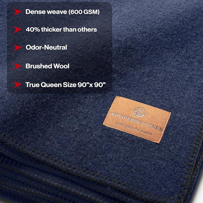 Whispering Winds 100% Wool Blanket, Premium Queen Size (90"x90") | Soft, Warm, Thick, Comfortable, For Bed, Couch, Home, Car, Camping, Outdoors, Survival