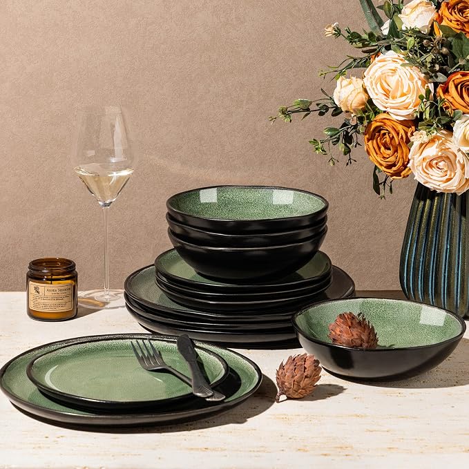 AmorArc Ceramic Dinnerware Sets,Handmade Reactive Glaze Stoneware Plates and Bowls Sets,Highly Scratch Resistant | Dishwasher & Microwave Safe Dishes Set,Service for 4 (12pc)