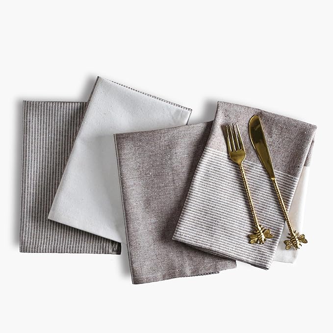 Ramanta Home Cloth Napkins Set of 4 18x18 Inches - Spring Basket Decor Block Striped Dinner Napkins for Easter Farmhouse Wedding, Washable Soft Cotton Durable Table Linen -Everyday Use - Nut Brown