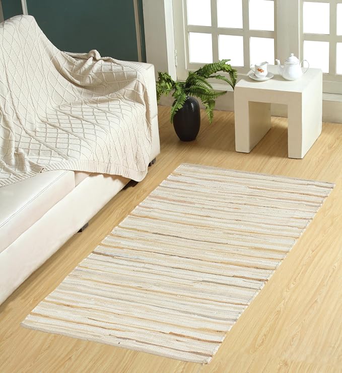 Handmade Cotton Chindi Rug Runner Area Rag Washable Recycled Rugs for Home Décor, Living Room and Bedroom (Beige, 3X5 Feet)