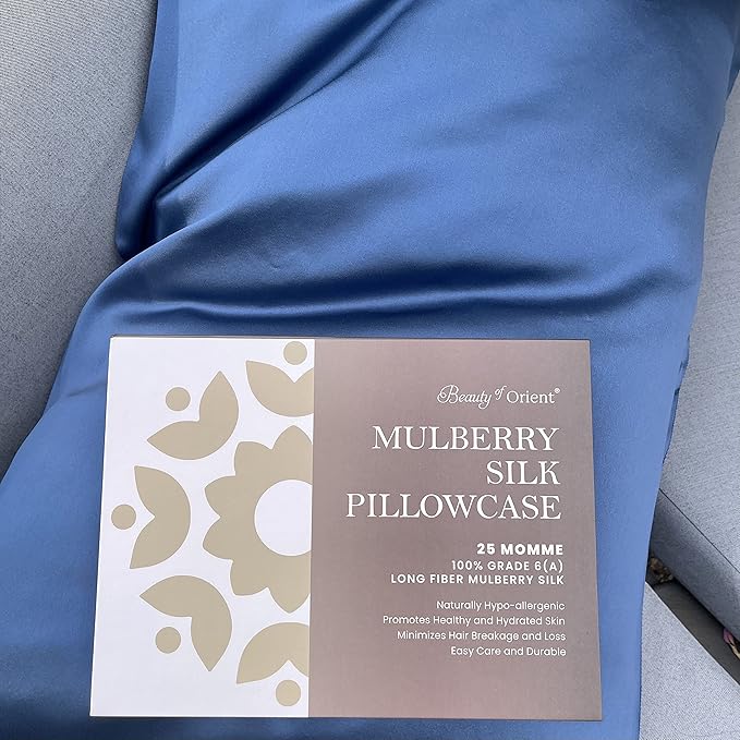 25 Momme Premium Mulberry Blue Silk Pillowcase for Hair and Skin | Handcrafted Hypoallergenic & Anti-Acne Silk Pillow Cases with Zipper | Standard - 20" x 26", Ocean