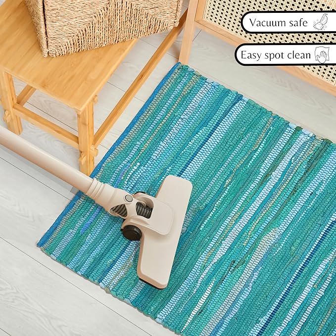 Ramanta Home Hand Woven 100% Cotton Chindi Rag Rug 2'x3' - Teal, Recycled Reversible Rug, Boho Farmhouse Rugs for Living Room, Dinning Room, Kitchen, Entryway, Bedroom Rugs - 24"x36"