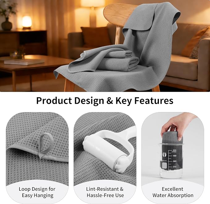 MICROFI Waffle Weave Bath Towel Set, Microfiber, 4 Pieces (Body/Hair/Hand/Face), Quick Dry, Lightweight, Super Absorbent, Lint Free, 380 GSM (Gray)