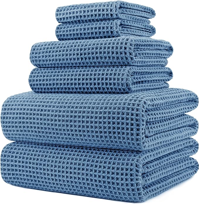 POLYTE 430 GSM Microfiber Quick Dry Lint Free Oversize Bath Towel Set, 6 Piece (Waffle Weave)