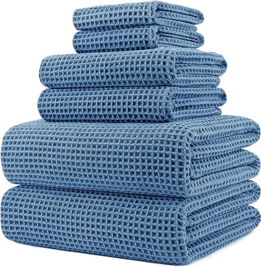POLYTE 430 GSM Microfiber Quick Dry Lint Free Oversize Bath Towel Set, 6 Piece (Waffle Weave)